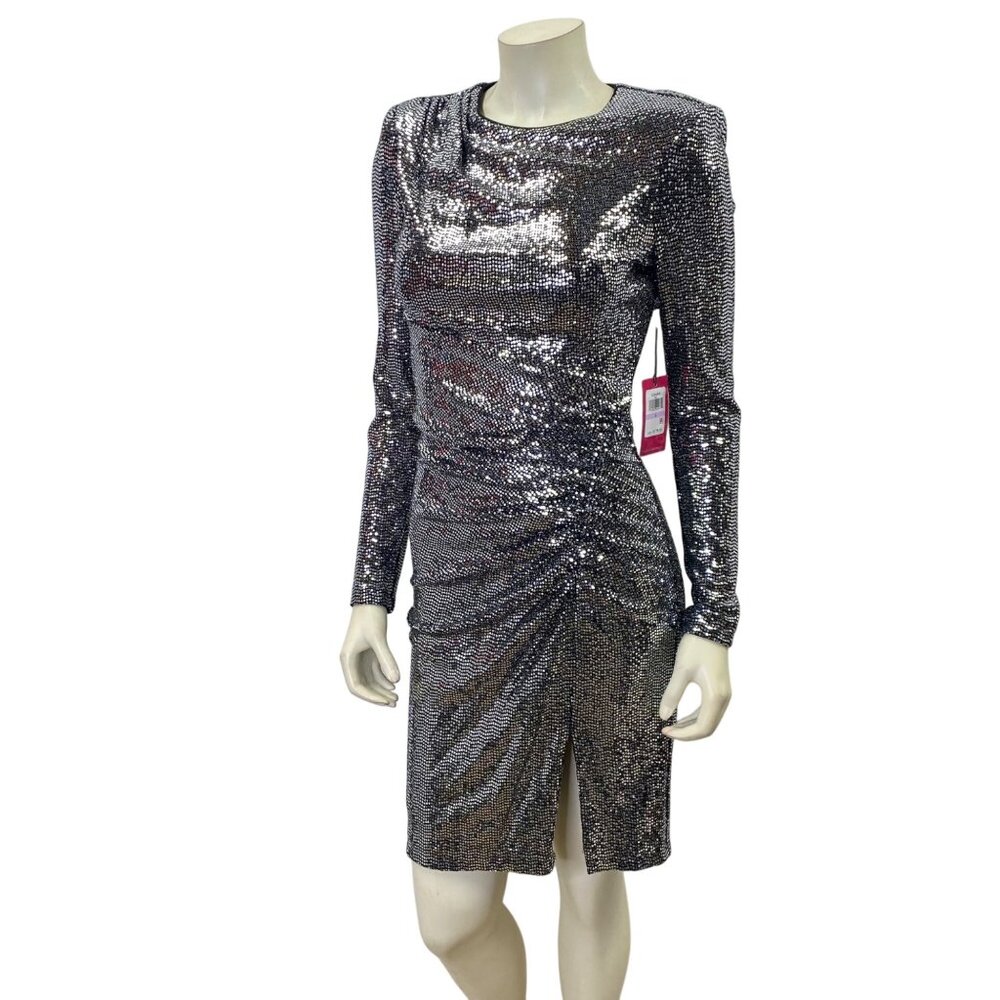 Vince Camuto‎ Silver Long Sleeve Sequin Ruched Dress Women's Evening Partywear 6 - Picture 7 of 11